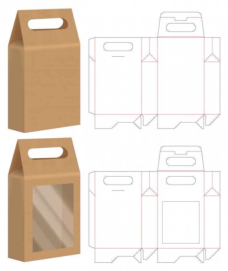 Vector paper bag packaging die-cut and 3d bag mockup