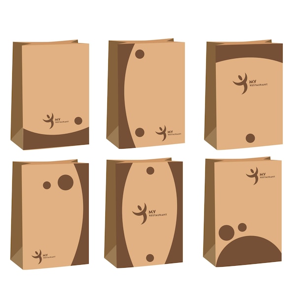 Paper Bag With 6 Minimalist designs In Brown Front View Set Of Paper Bags