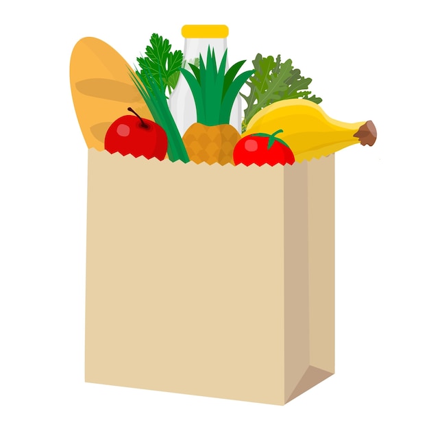 Vector paper bag with food grocery delivery concept vector illustration in cartoon style