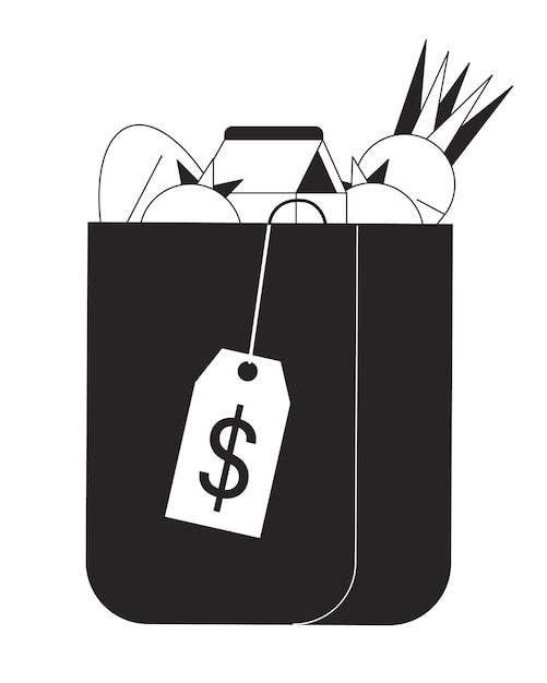 Paper bag with goods flat monochrome isolated vector object Expensive shopping in grocery Editable black and white line art drawing Simple outline spot illustration for web graphic design