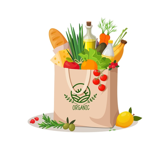 Бумажный пакет с органическими свежими и натуральными продуктами