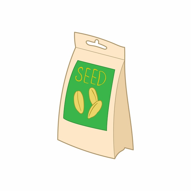 Paper bag with seeds icon in cartoon style on a white background