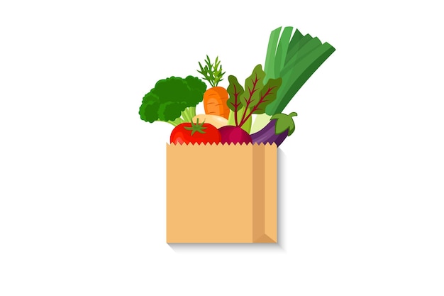 Paper bag with vegetables and fruits on white background Vegetarian food