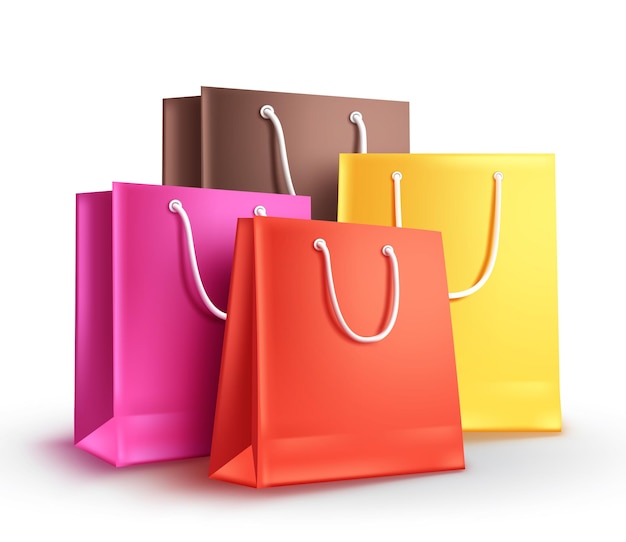 Paper bags group vector illustration. Empty shopping bags with assorted colors isolated.