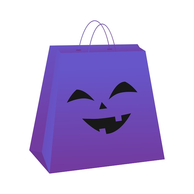 Paper bags for Halloween shopping Purple pack with funny mug isolate vector illustration