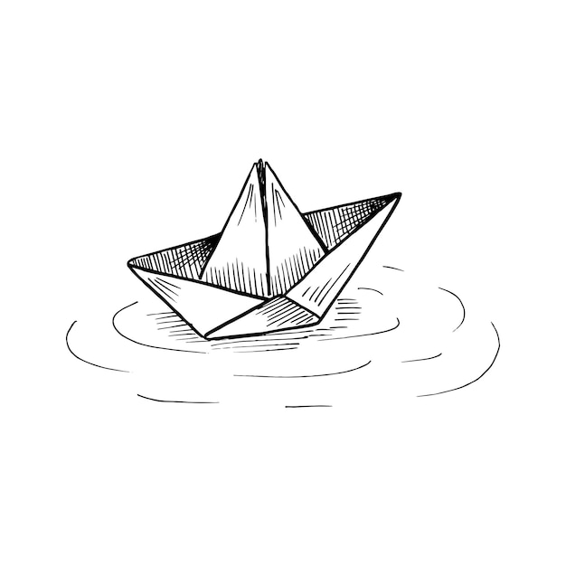 水上の紙のボート。スケッチスタイルの黒と白のスケッチ。白で隔離のベクトル図。
