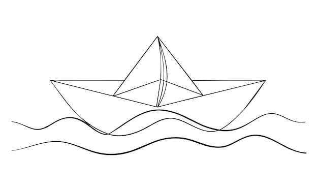 Paper boat one line continuous drawing art on white background