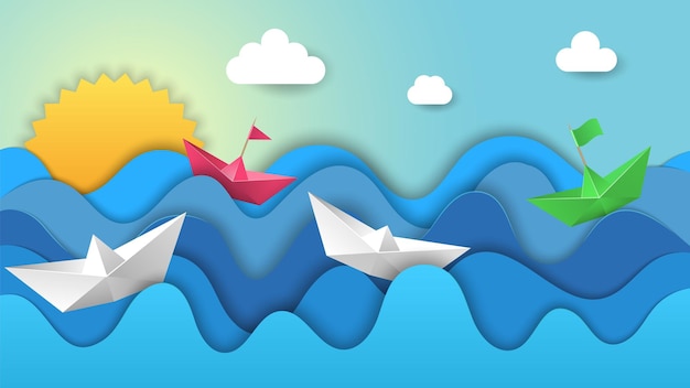 Barche di carta all'alba. alba di origami, regata nelle onde dell'oceano. navi colorate nel paesaggio di vettore del mare. illustrazione alba mare, viaggio sull'acqua paesaggio marino