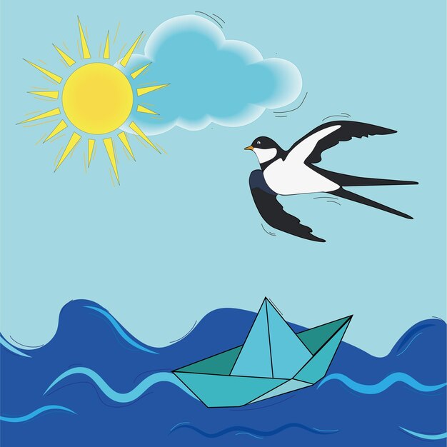 Vector paper boats and swallow in the sea