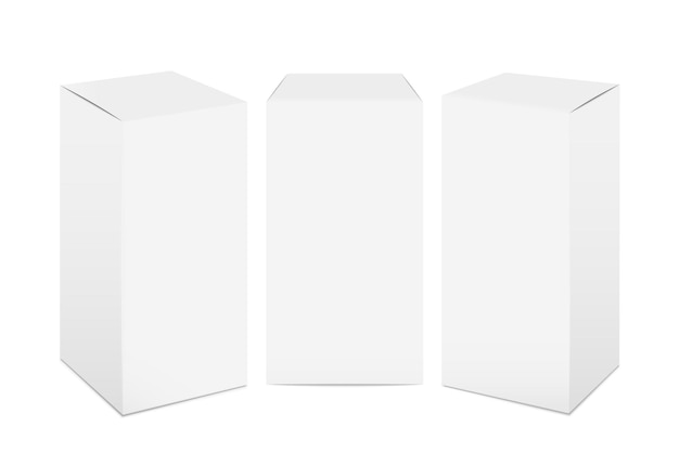Vettore scatole di carta. mockup di pacchetto di cartone bianco, medicina rettangolare 3d realistica e confezione di cibo