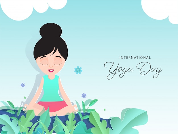 Бумажная мультипликационная девочка, сидящая в позе медитации с листьями и цветами, украшенными на глянцевой синей предпосылке для международного дня йоги.