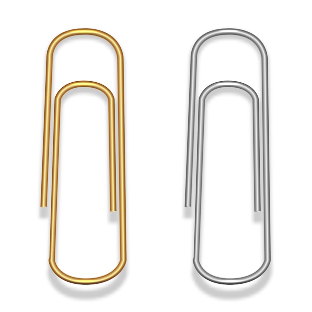 Vector paper clips made of metal wire in gold and silver colors. stationery.