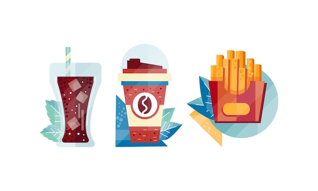 paper coffee cup cola glass with ice cubes and french fries box set top view of appetizing fresh fast food dishes flat vector illustration