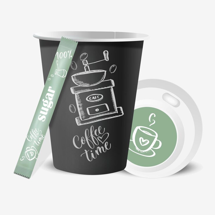 Vector paper coffee cup with lid and sugar bag with coffee design elements on white background in vintage style collection of 3d mock up coffee cup