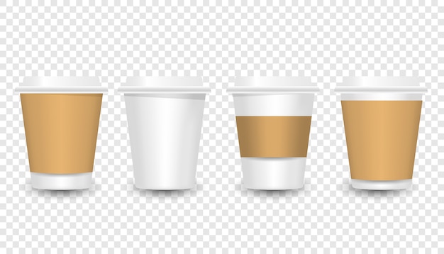 Vector paper coffee cups mock-up. realistic 3d illustration. disposable plastic and paper tableware template for hot drinks