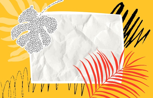 Бумажный коллаж фон мятой бумаги и тропический лист пустое пространство на желтой горизонтали