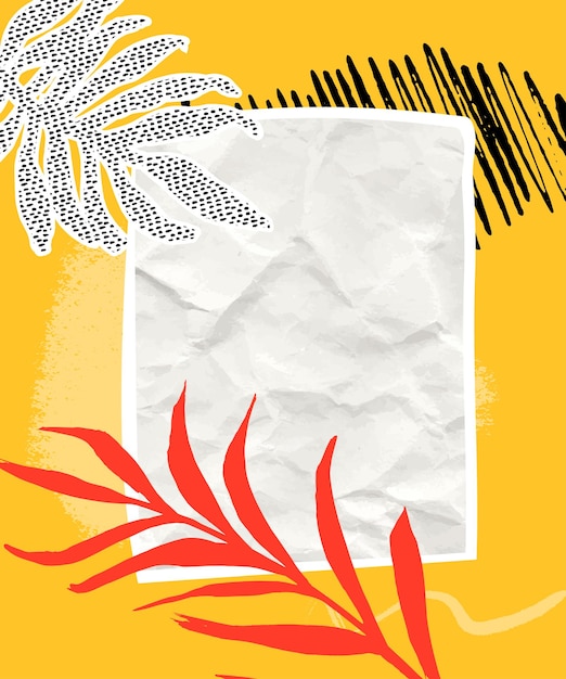 Vector paper collage background with orange and black brush strokes, crumpled paper and tropical palm leaf. blank white copyspace on yellow texture, vertical vector design