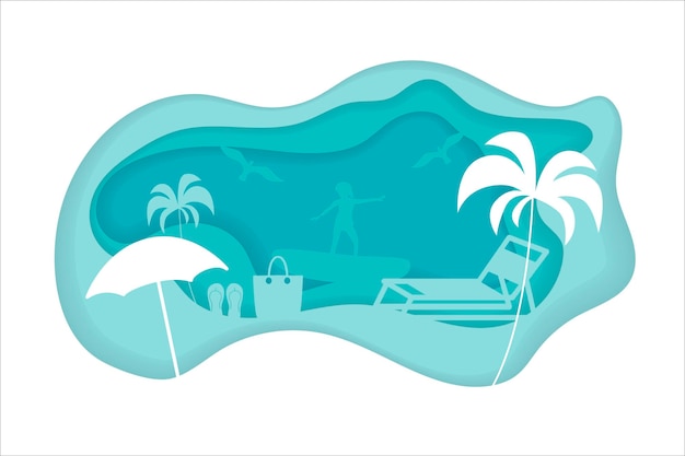 Vector paper crafted cutout world concept of summer time surf board and sea or ocean vector illustration