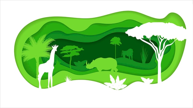 Paper Crafted Cutout World. Concept of tropical rainforest Jungle. Vector illustration.