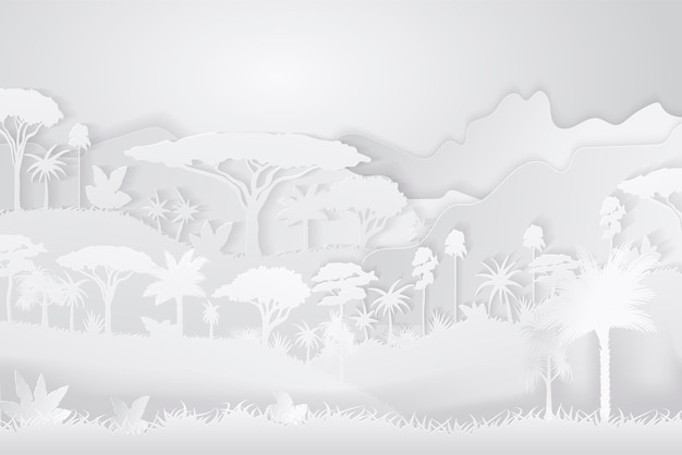 Paper crafted cutout world. concept of tropical rainforest jungle. vector illustration.
