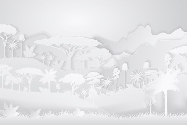 Paper Crafted Cutout World. Concept of tropical rainforest Jungle. Vector illustration.