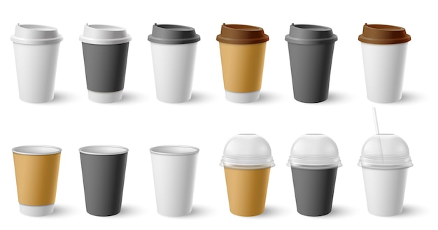 ベクトル 紙コップ。ホットコーヒーと紅茶用のキャップとマグカップ付きの段ボールカップ。リアルな黒、白、茶色のカフェドリンクエコパッケージモックアップベクトルセット。カフェ、コーヒー、お茶のホットイラストのコンテナドリンク