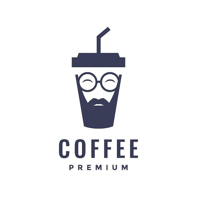 Paper cup coffee warm hot taste bearded man smart sunglasses logo design vector icon illustration template