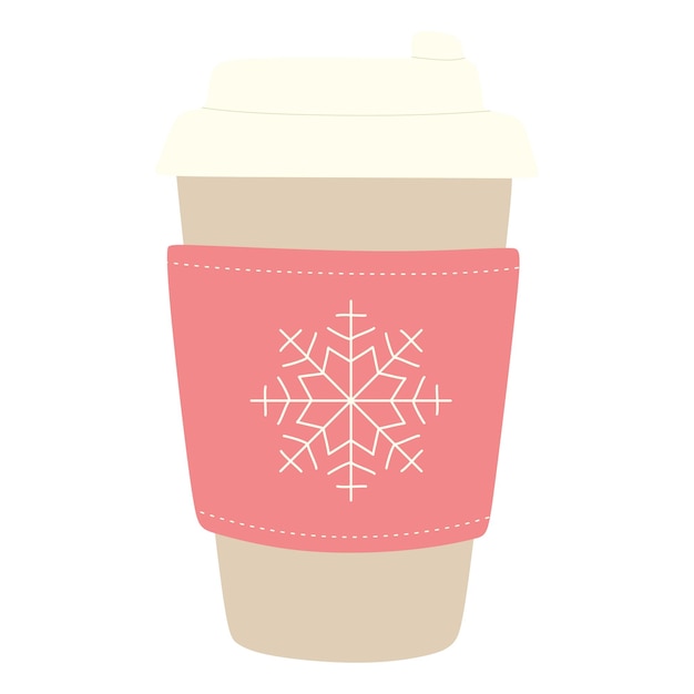 Бумажный стаканчик кофе с векторной иллюстрацией Showflake в плоском мультяшном стиле, изолированный в белом Горячий шоколад, сезонный теплый напиток для прогулки. Зимний элемент дизайна для праздника. Специальное предложение. Открытка.