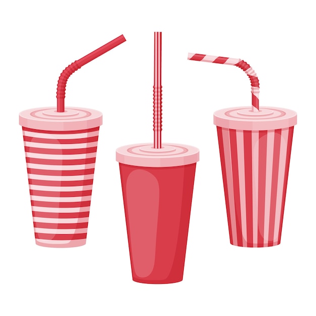 Vector a paper cup a set of paper cups with a straw plastic cups for fast food a red beverage cup with a st...