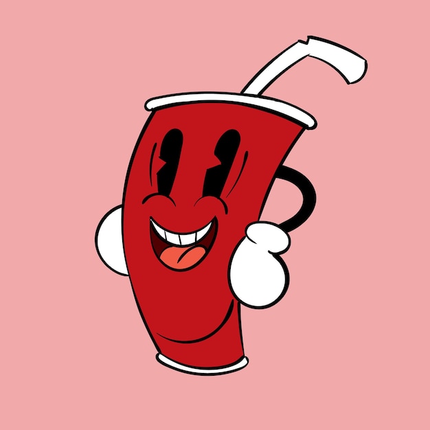 A paper cup of soda Vintage toons funny character vector illustration trendy classic retro cartoon style