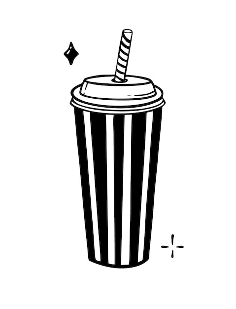 Paper cup with a straw handdrawn line Vector illustration in the style of a doodle isolated