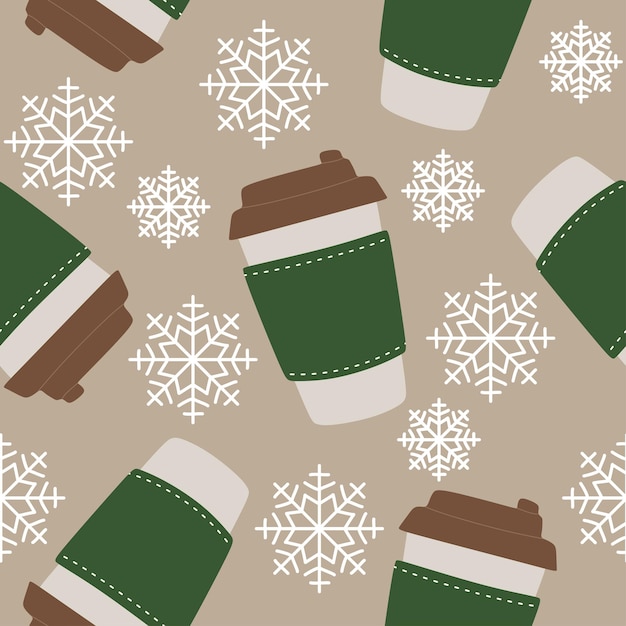 Paper cups with lids and snowflakes Seamless pattern Disposable cups to go Winter and autumn Hot drinks Hot soup cups Isolated flat vector illustration for banner Print Decoration Poster