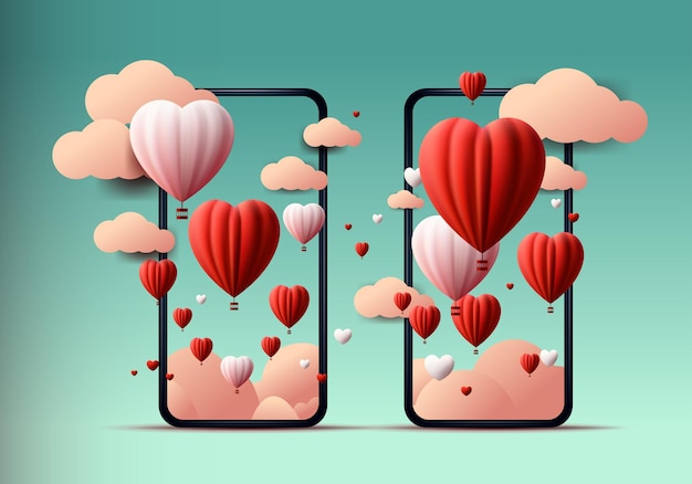 Paper cut air balloons in heart shape on smartphone screens happy valentine day poster or voucher