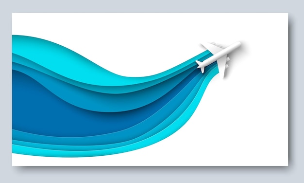 Вырезанный из бумаги самолет в векторном туристическом баннере неба