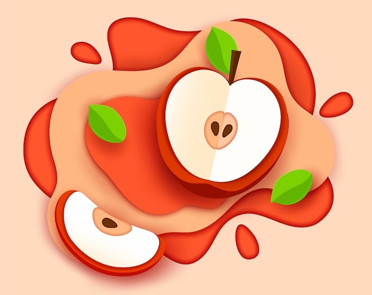 Vector paper cut apple juice with fruits and drink splash