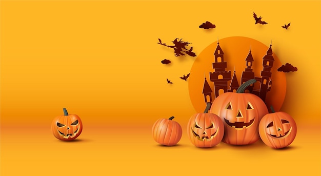 Paper cut art Happy Halloween greeting banner