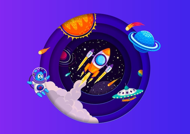 종이로 잘라낸 배너 만화 우주 로켓 발사 UFO와 행성 간의 외계인  ⁇ 터 배경 만화 종이로 잘라낸 은하계의 우주선과 별빛 하늘의 소행성