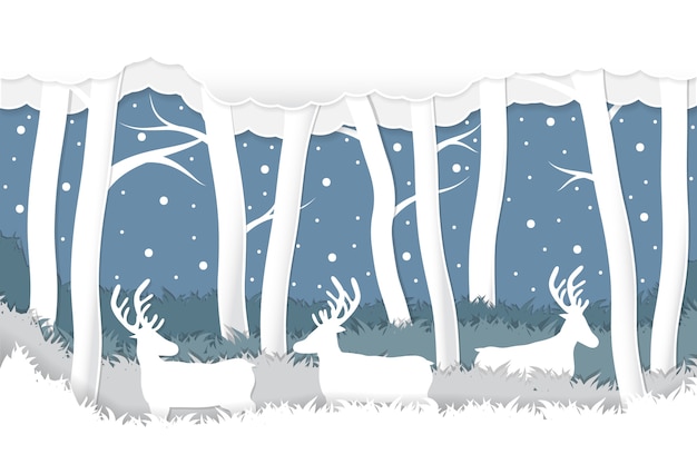 Вектор Бумага обрезает оленей в лесу на фоне снежной зимы.