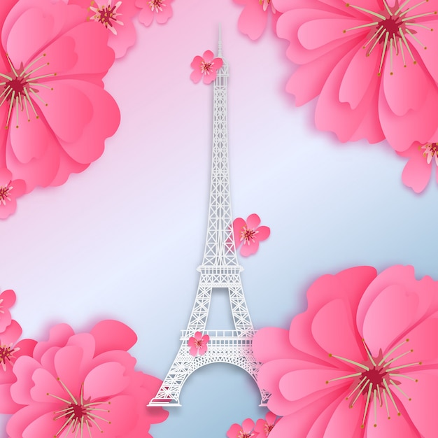 Vector paper cut design with pink flower and soft paris