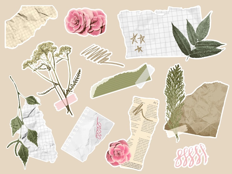 Vector paper cut elements botanical collage with scrapbook torn paper pieces scribbles branches with leaves and flowers coquette aesthetic journal floral design vector set