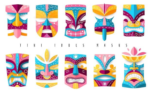 Vector paper cut ethnic ancient hawaiian masks