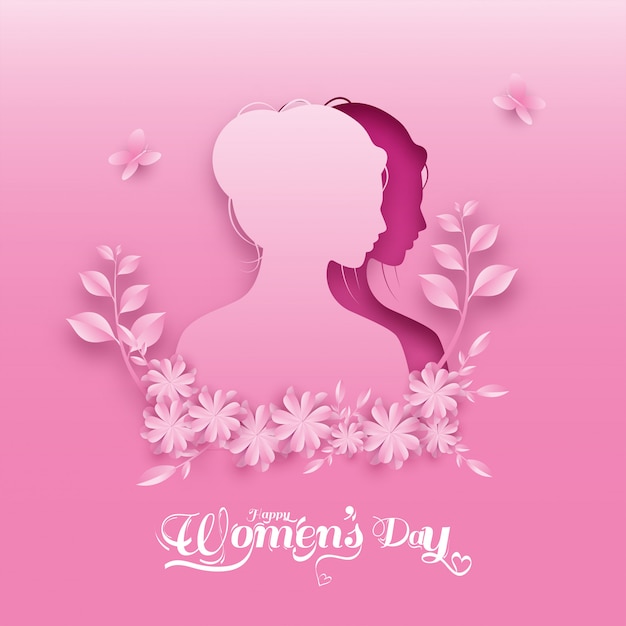 Vector paper cut female face with flowers, leaves and butterflies on pink background for happy women's day.