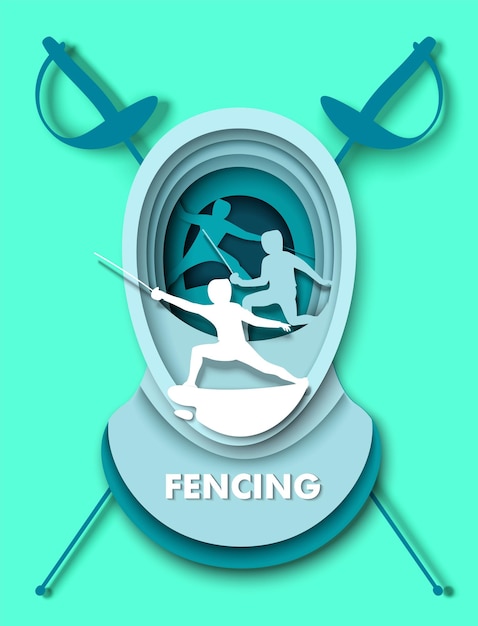 Paper cut fencing swords mask fencer athlete silhouettes vector illustration fencing sport duel tour...