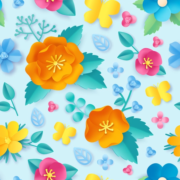 Paper cut flower pattern. Spring orange poppy, wildflower, leaves and butterfly. Meadow blossom 3d origami. Floral vector seamless wallpaper. Beautiful colorful plants with bright petals