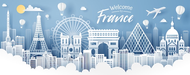 Taglio della carta del concetto del punto di riferimento, di viaggio e di turismo della francia.