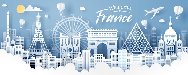 Paper cut of France landmark, travel and tourism concept.