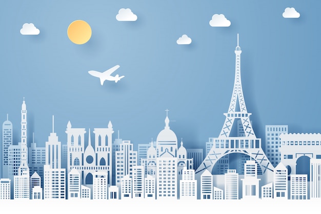 Vector paper cut of france landmark, travel and tourism concept