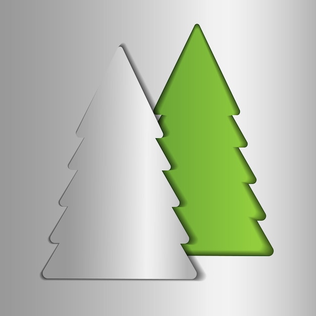 Вырезанная из бумаги зеленая новогодняя елка на серебряном фоне в современном минималистском стиле
