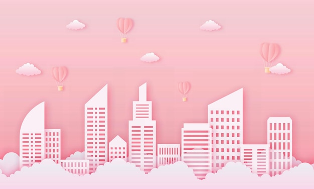 Vector paper cut happy valentine's day concept. cityscape building with cloud and heart shape hot air balloons flying on pink sky