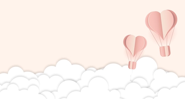 Paper cut heart hot air balloon and white clouds Origami made hot air balloon and clouds Paper art style Greeting or Sale banner Vector illustration